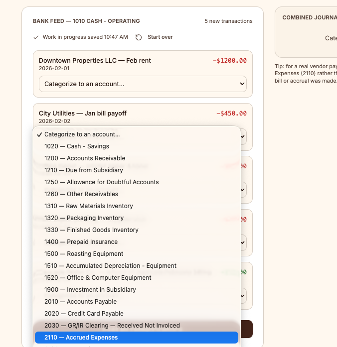 Bank feed task inside Controller Lab with transactions and an open chart-of-accounts selector