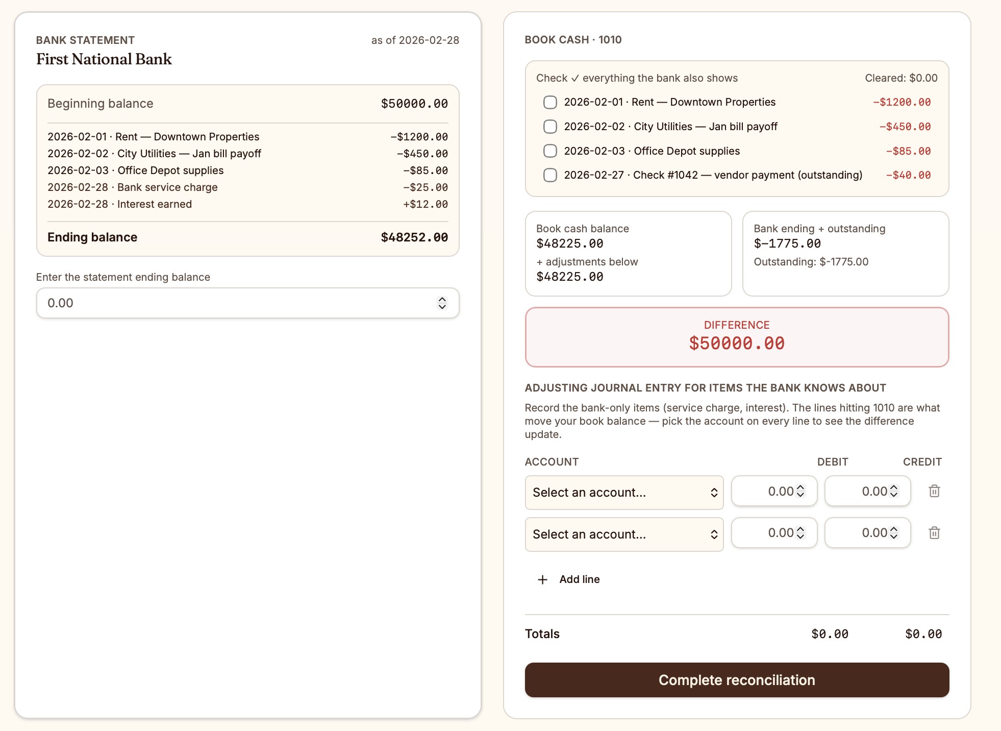 Bank reconciliation task comparing a bank statement to book cash