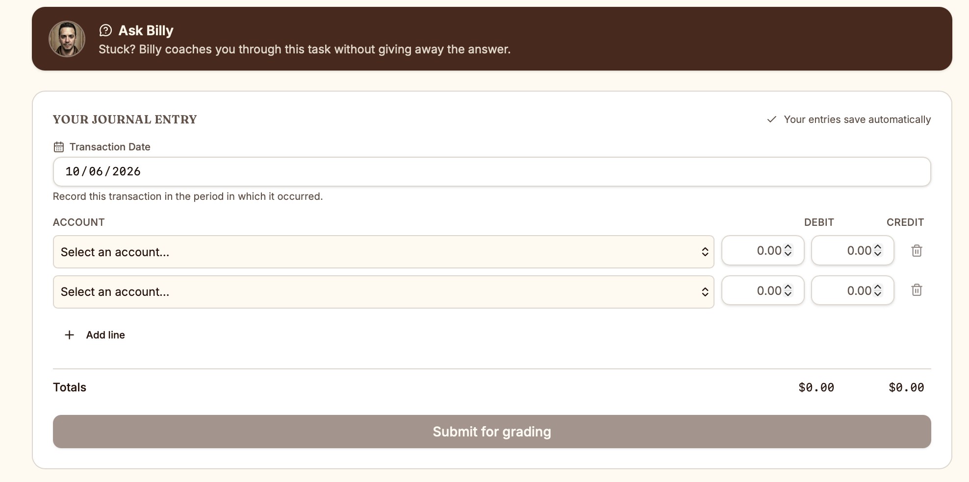 Ask Billy coaching and a journal entry ready for grading