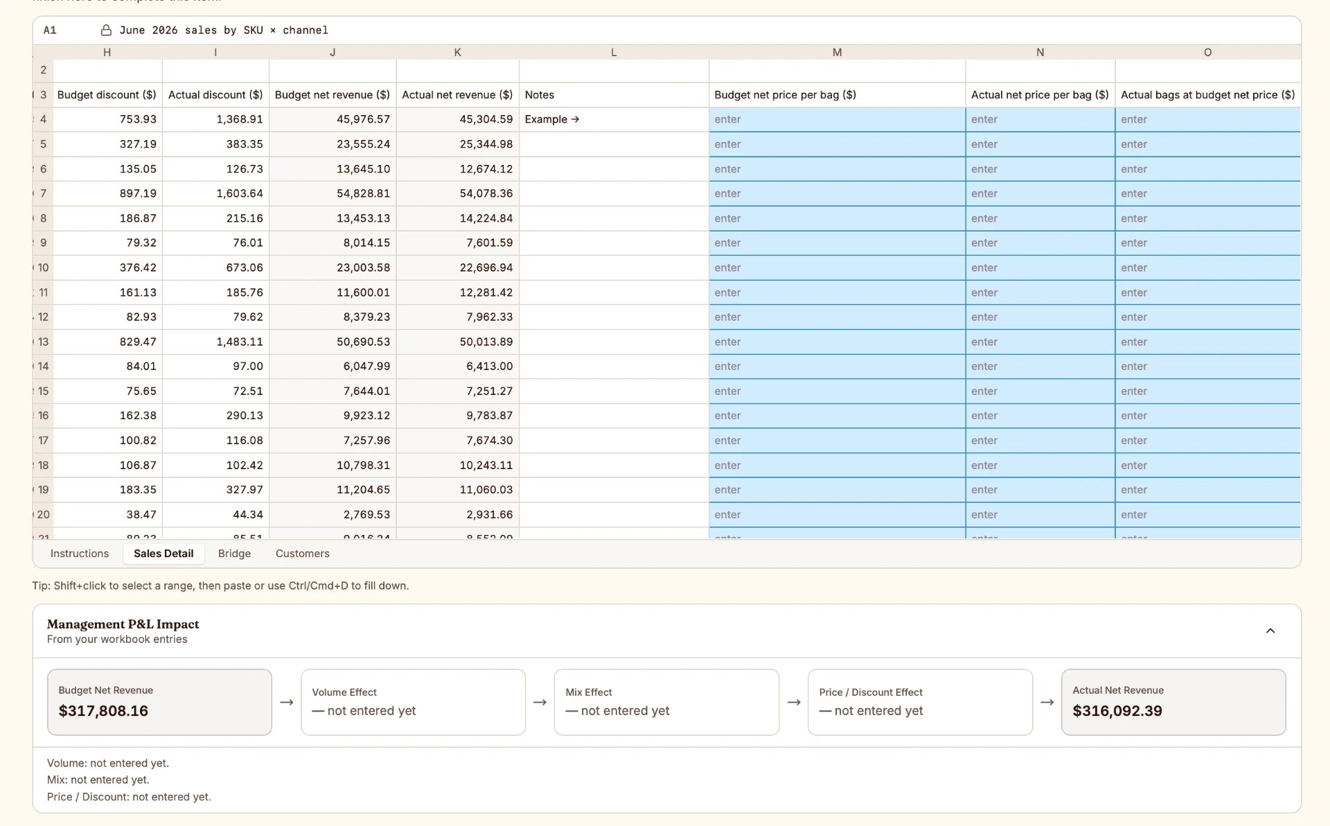 Sales workbook with Management P&L impact bridge